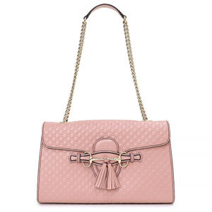 GUCCI Emily MM Chain Micro Shima Leather Tassel Horsebit Shoulder Bag Soft Pink